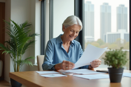 Femme âgée détendue examinant des documents financiers dans un appartement moderne