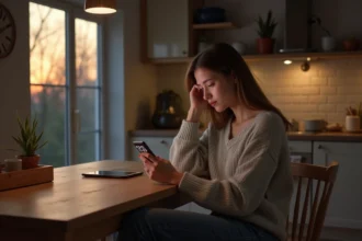 Jeune femme pensant à son téléphone dans la cuisine