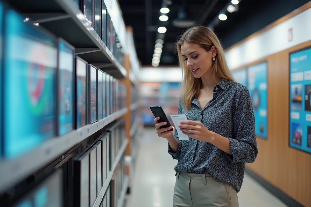 Femme scannant un code promo dans un magasin d