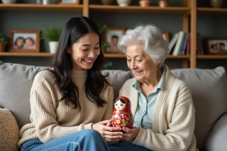 Femme souriante présentant une poupée russe peinte
