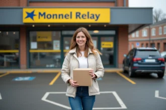 Femme souriante avec colis devant un point Mondial Relay
