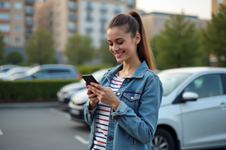Femme souriante vérifiant son smartphone près de sa voiture en ville