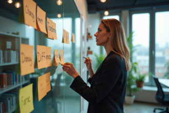 Femme française en bureau moderne avec notes sur changement