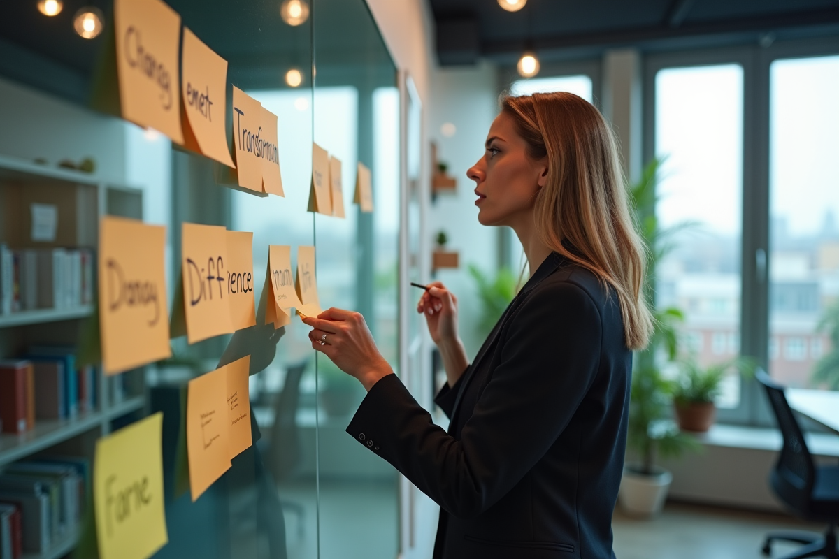 Femme française en bureau moderne avec notes sur changement