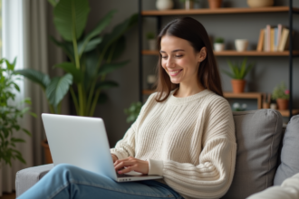 Femme souriante travaillant à son bureau à domicile