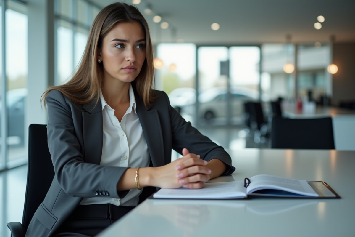 Jeune femme frustrée assise à un bureau de concession