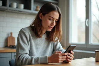 Femme consultant l'annuaire inversé Pages Blanches sur son smartphone dans une cuisine moderne