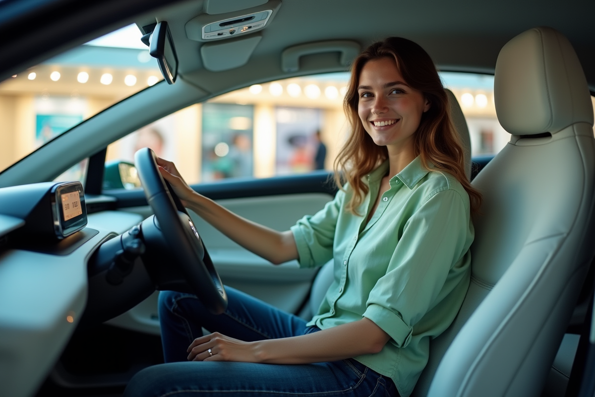 Jeune femme souriante dans une voiture à hydrogene en showroom
