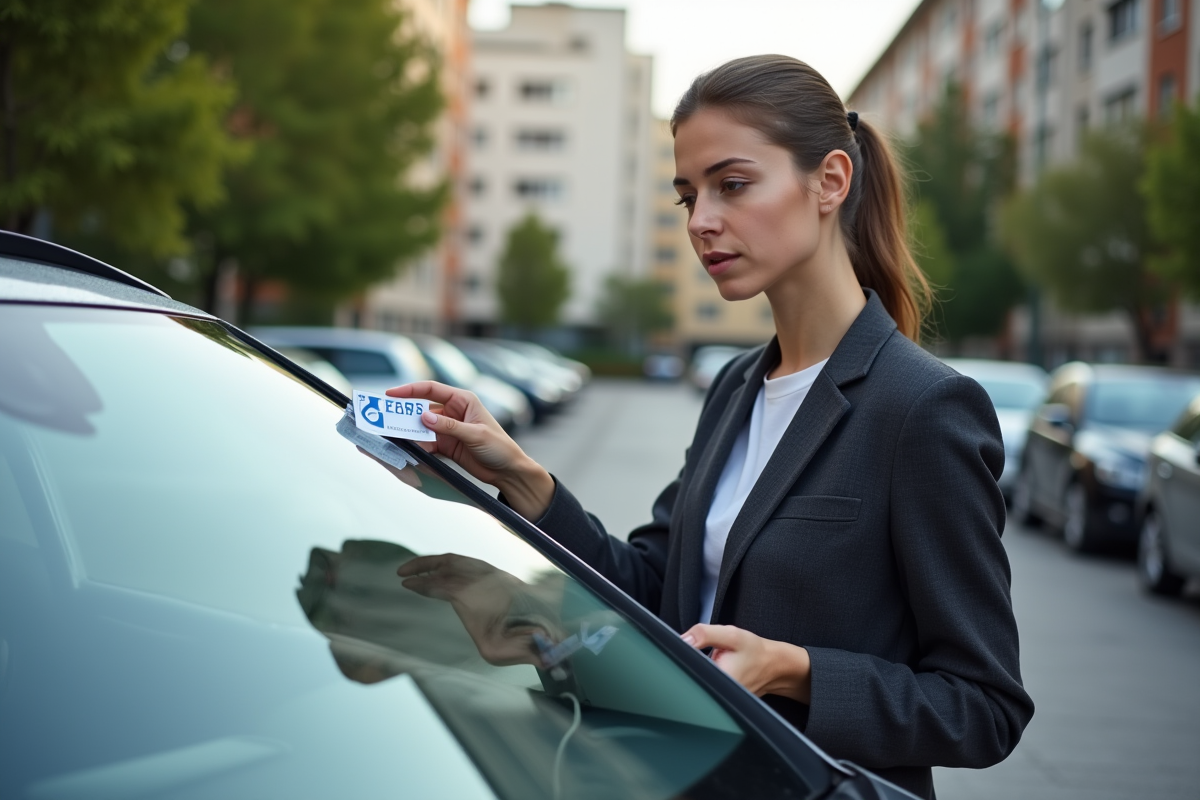 Jeune femme vérifiant un sticker Euro 7 sur sa voiture