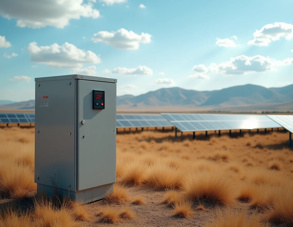 Ferme solaire commerciale à grande échelle avec rangées de panneaux photovoltaïques et armoire d'onduleur affichant la puissance en mégawatts