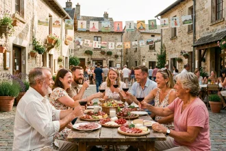 Fête de village en Aveyron avec habitants réunis autour d'une table garnie de produits régionaux sur une place en pierre