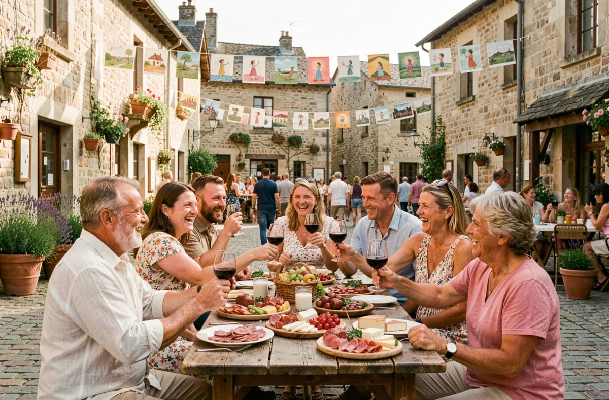 Fête de village en Aveyron avec habitants réunis autour d'une table garnie de produits régionaux sur une place en pierre