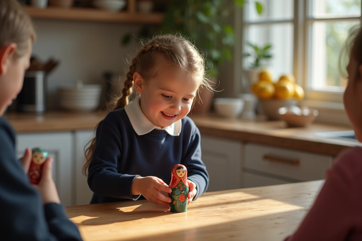 Jeune fille de huit ans découvrant une poupée russe