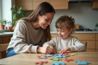 Fille et enfant souriants en cuisine en train de faire un puzzle