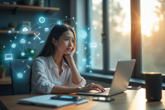 Jeune femme réfléchie avec appareils numériques et données holographiques