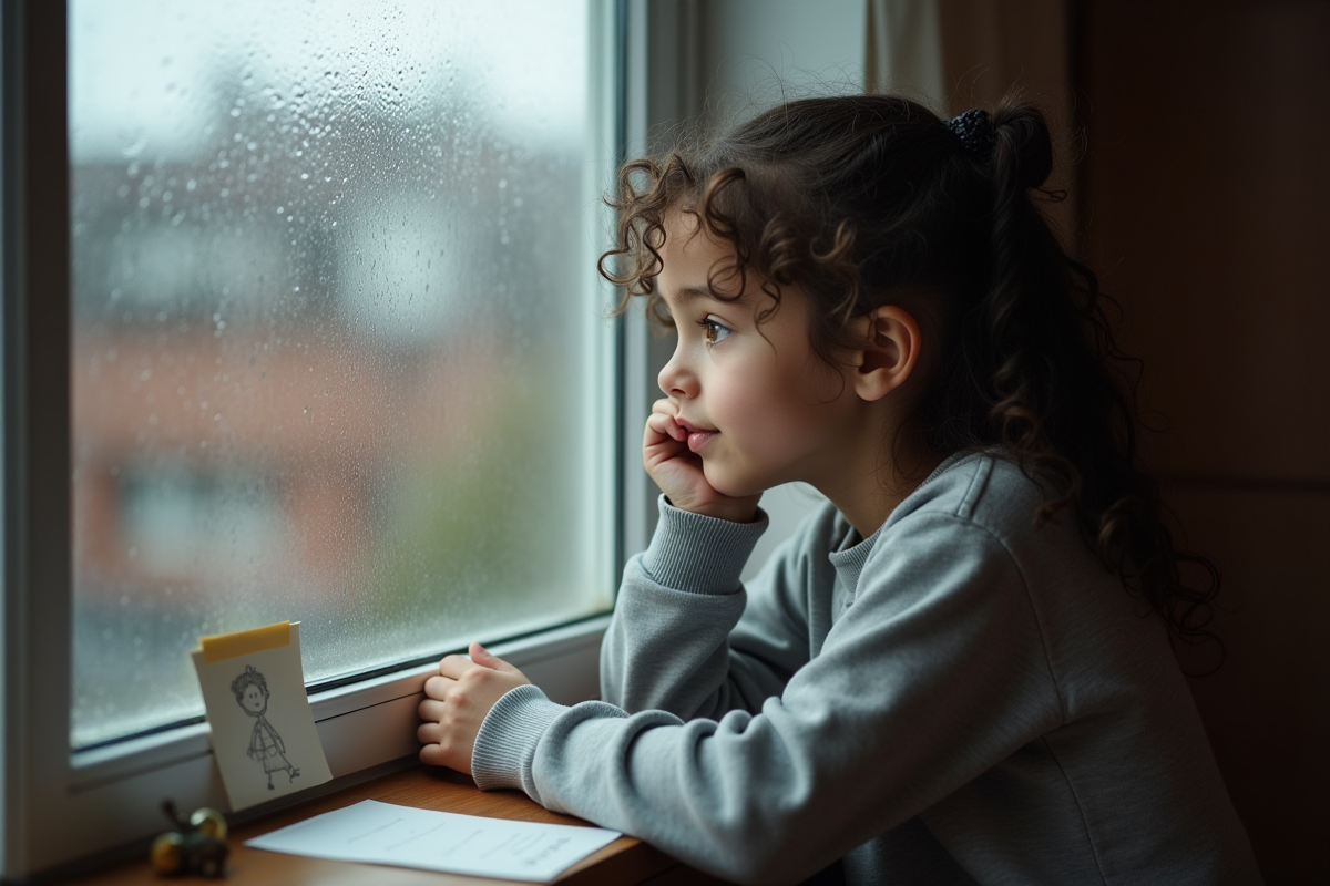 Fille de douze ans regardant par une fenêtre pluvieuse dans un salon