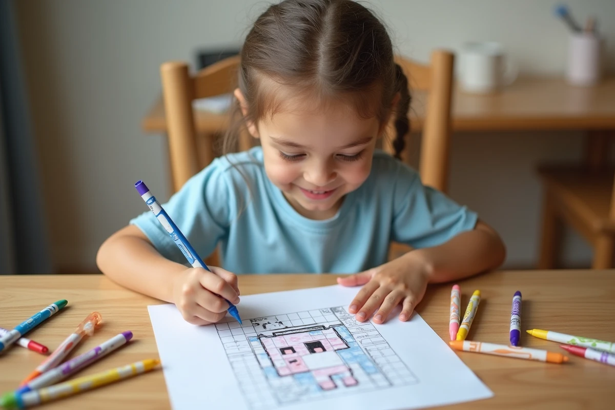 Fillette de 8 ans coloriant un modèle pixel art imprimé sur papier grille avec des feutres colorés à un bureau en bois