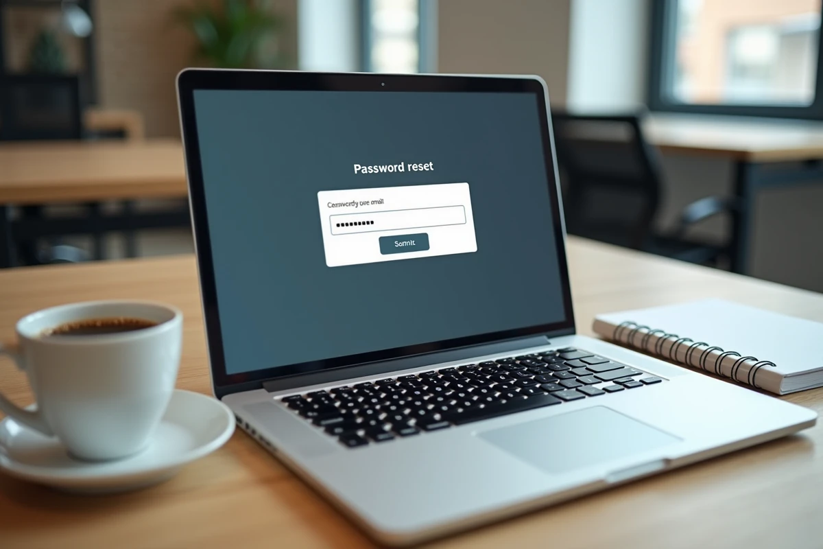 Formulaire de réinitialisation de mot de passe affiché sur un écran d'ordinateur portable dans un espace de coworking