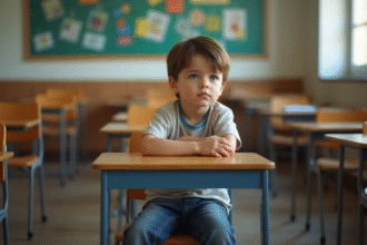 Jeune garçon pensif assis seul à son bureau d'école
