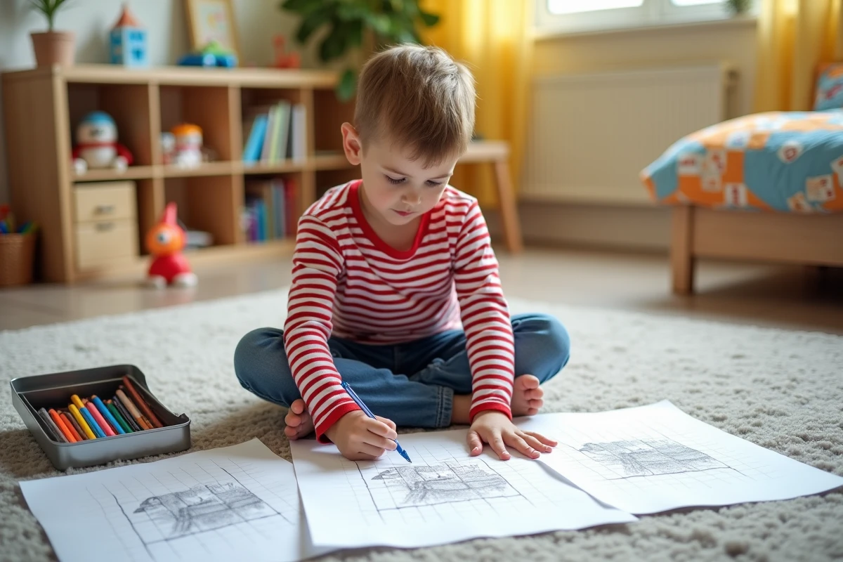Garçon de 9 ans assis sur un tapis remplissant des feuilles de pixel art imprimées représentant une fusée avec des crayons de couleur