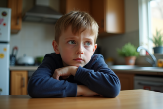 Jeune garçon pensif assis à la table de cuisine