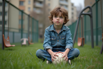 Garçon de neuf ans assis avec un ballon de foot dans un terrain de jeu