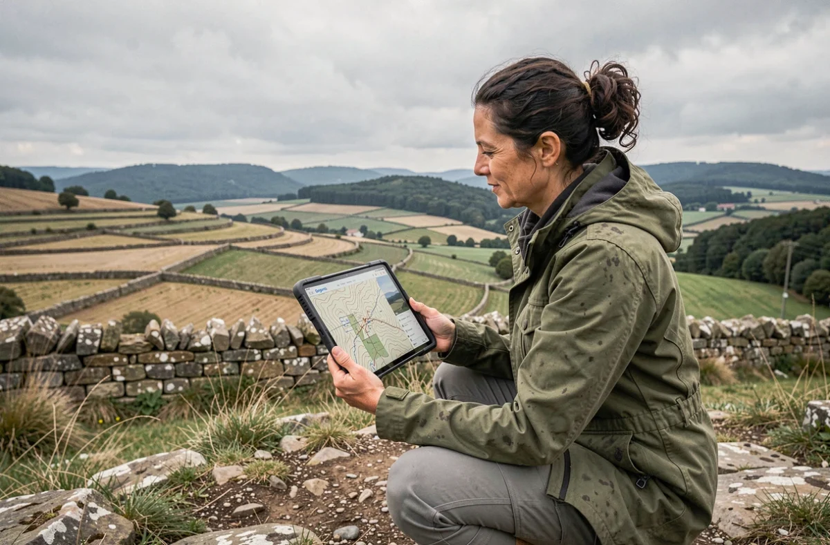 Femme géomètre consultant une carte topographique Géoportail sur tablette en terrain rural français