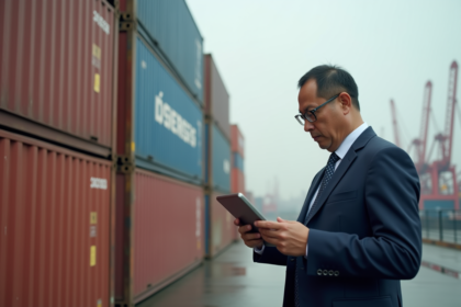 Manager logistique chinois vérifiant un tableau numérique au port