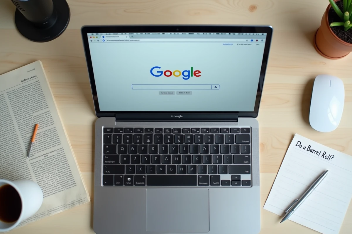 Écran d'ordinateur affichant l'animation Google Do a Barrel Roll avec des notes manuscrites sur le bureau