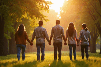 Groupe de personnes main dans la main dans un parc en fin d'après-midi