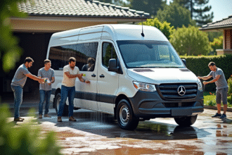 Groupe de personnes lavant un minibus neuf en plein jour