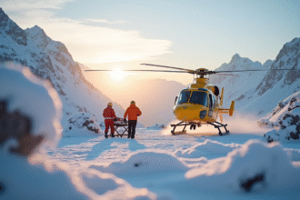 Hélicoptère de secours jaune atterrissant en montagne enneigée
