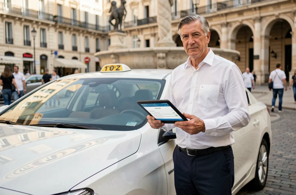 Chauffeur de taxi professionnel devant son véhicule à Montpellier pour Herault Taxi Montpellier