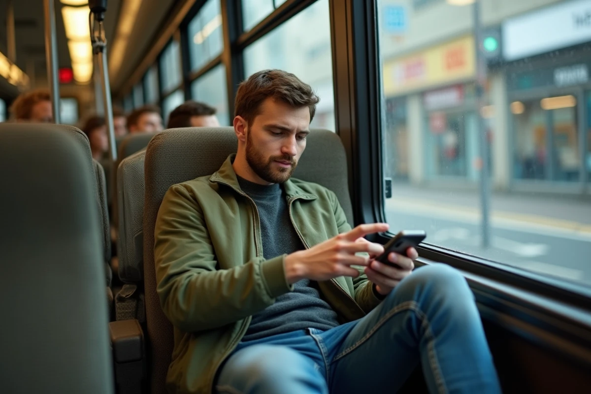 Jeune homme consultant les horaires de la ligne 235 sur son téléphone dans le bus