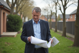 Homme d'âge moyen en tenue décontractée observant des plans architecturaux dans un jardin