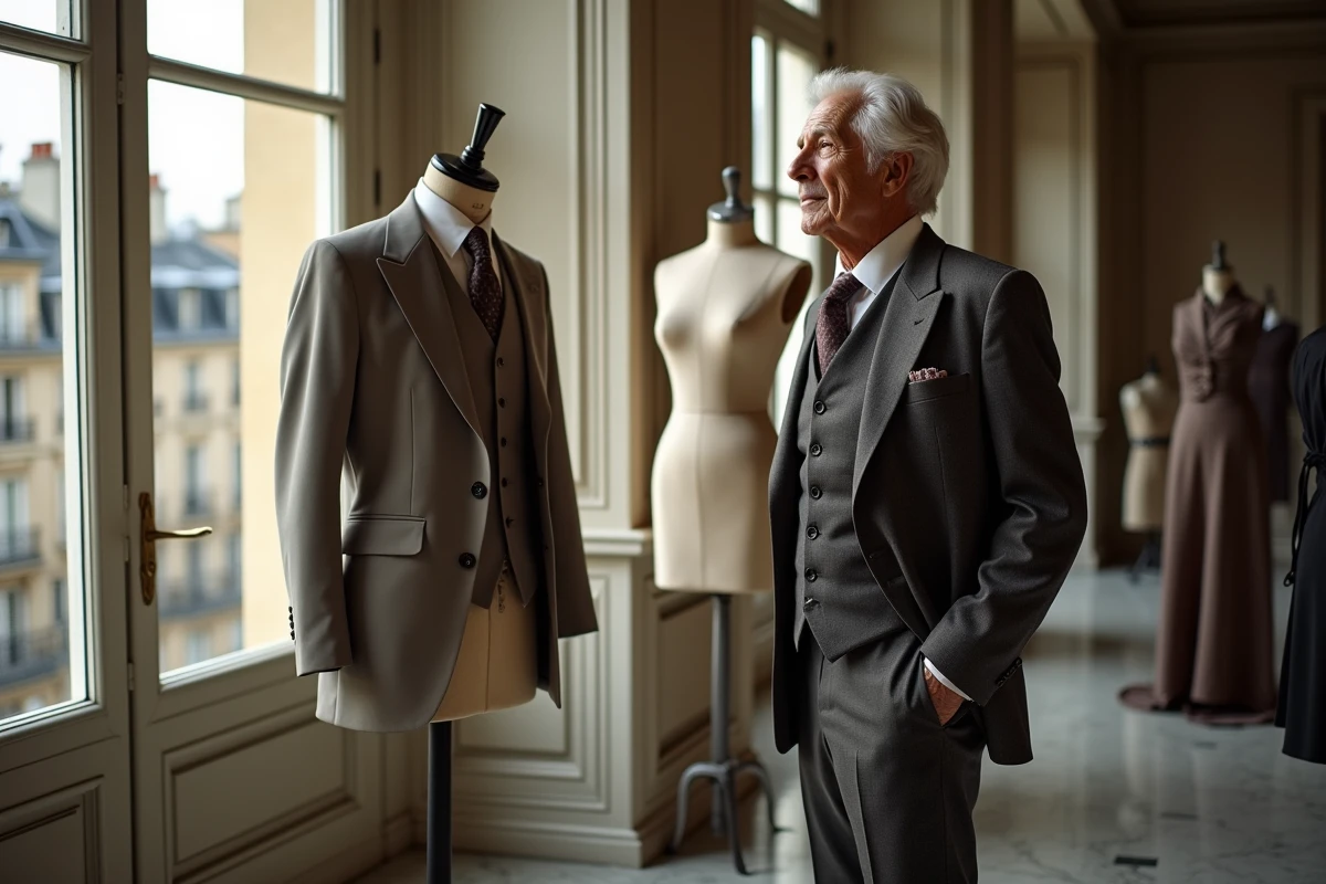 Homme en costume regardant des mannequins avec des vêtements en cours