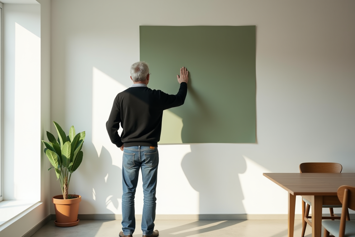 Homme mature fixe un échantillon de papier vert sur le mur intérieur