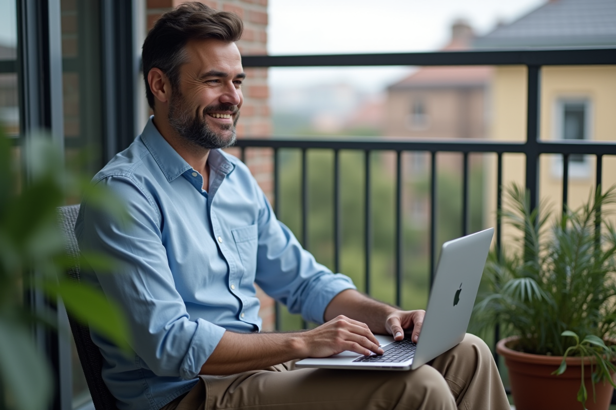 Homme en visioconference sur son balcon urbain