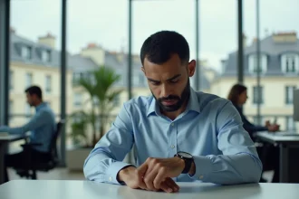 Un homme consultant sa montre dans un bureau parisien pour organiser ses horaires de prière en journée de travail