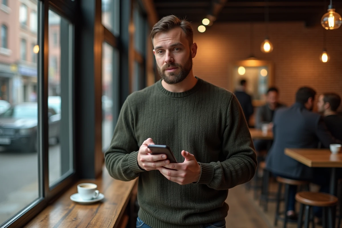 Homme détendu dans un café tapant une réponse posée à un commentaire hypocrite sur son téléphone
