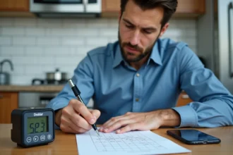 Homme en train de faire un calcul de pression dans la cuisine