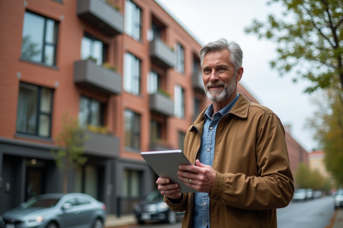 Homme observant un immeuble rénové avec une tablette en extérieur