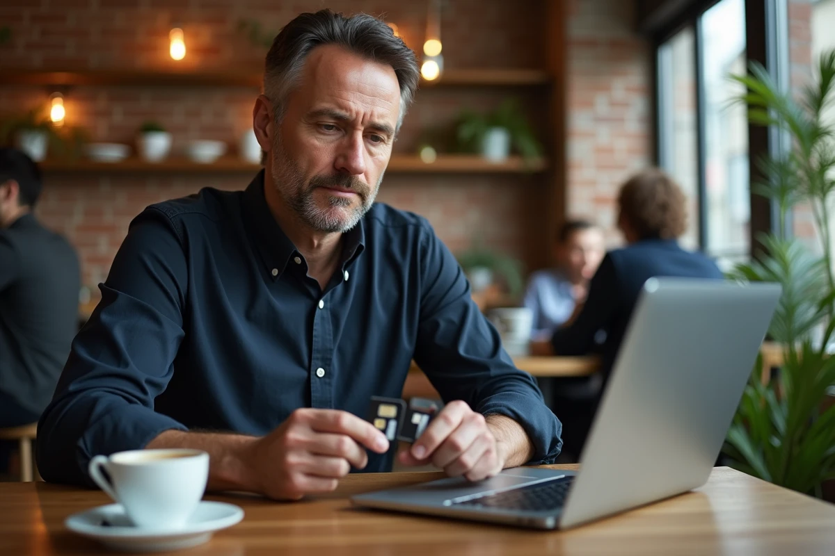 Homme comparant des cartes SIM et forfaits mobiles internationaux dans un café