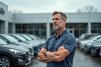 Homme d'âge moyen devant un concessionnaire automobile
