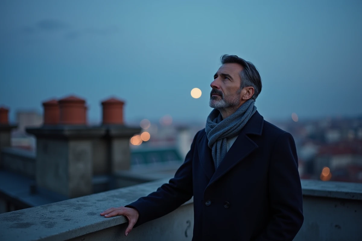 Homme contemplatif sur un toit urbain au crépuscule levant les yeux vers le ciel, symbolisant la connexion spirituelle avec son ange gardien à 11h22