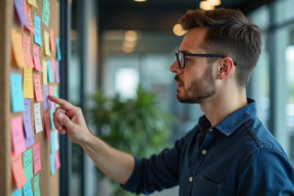 Homme en bureau regardant notes colorées sur un tableau