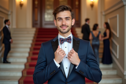 Jeune homme en costume bleu et nœud papillon coloré devant un escalier en marbre