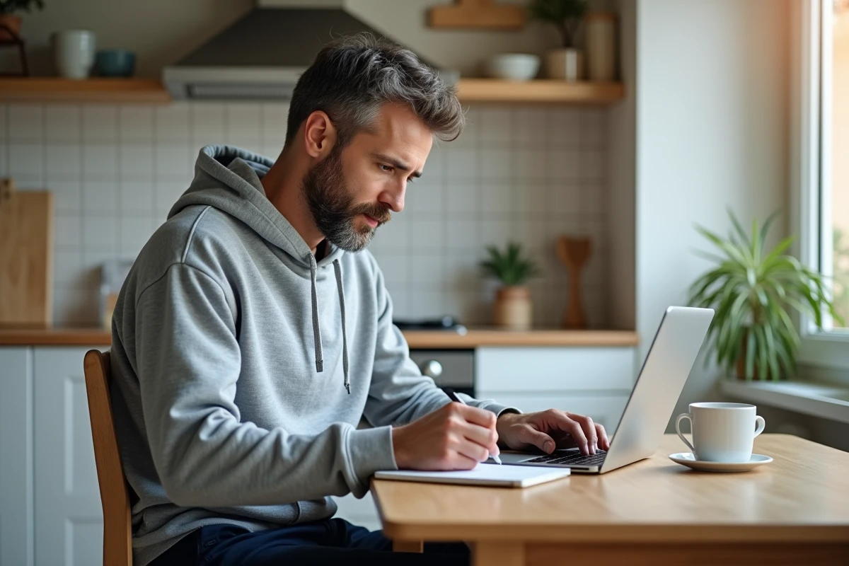 Homme préparant ses courses en ligne sur le site E Leclerc Drive depuis sa cuisine à domicile