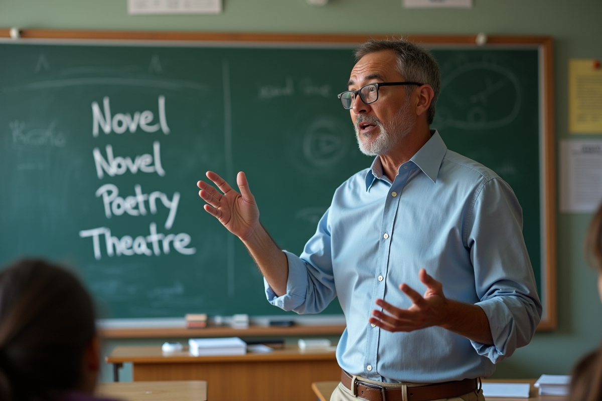 Professeur expliquant les genres littéraires en classe moderne
