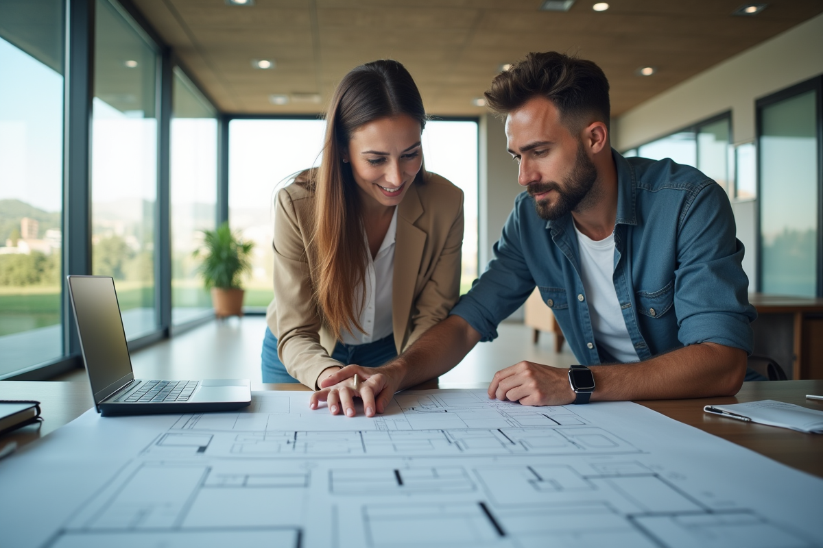 Homme et femme examinant des plans architecturaux dans un espace lumineux